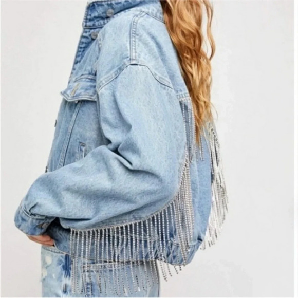 Free People Rhinestone Fringe Light Wash Denim Jean Bomber Jacket Size Small - Picture 9 of 14